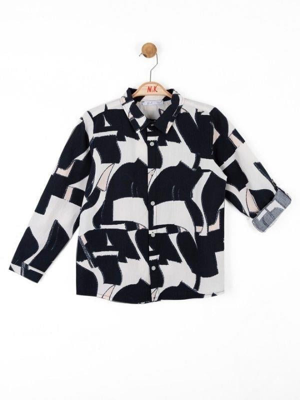 Erkek Çocuk Desenli Kolları Katlamalı Keten Gömlek