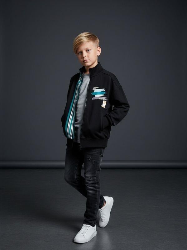 Erkek Çocuk Dik Yaka Fermuarlı Çizgi Detaylı Teenage Hırka