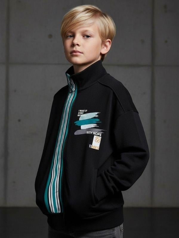 Erkek Çocuk Dik Yaka Fermuarlı Çizgi Detaylı Teenage Hırka