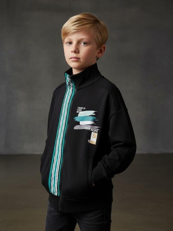 Erkek Çocuk Dik Yaka Fermuarlı Çizgi Detaylı Teenage Hırka