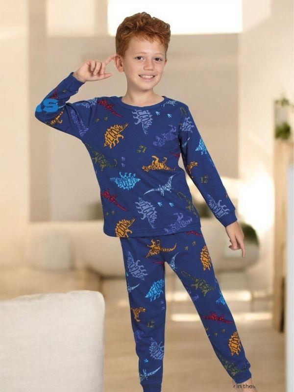 Erkek Çocuk Dinazor Baskılı Pamuklu Pijama Takım