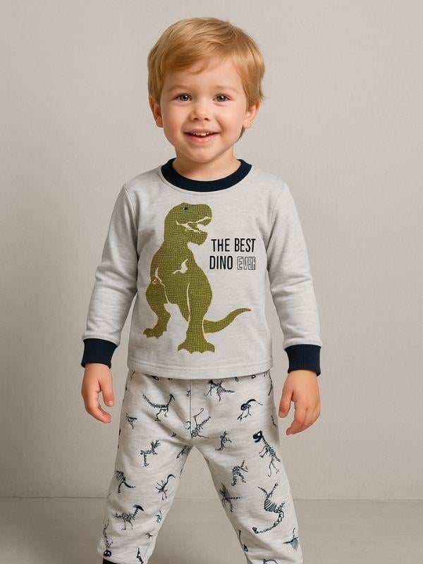 Erkek Çocuk Dinozor Baskılı Uzun Kollu Pijama Takımı