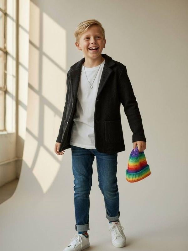 Erkek Çocuk Dokulu Örme Kumaş Cepli Mevsimlik Ceket