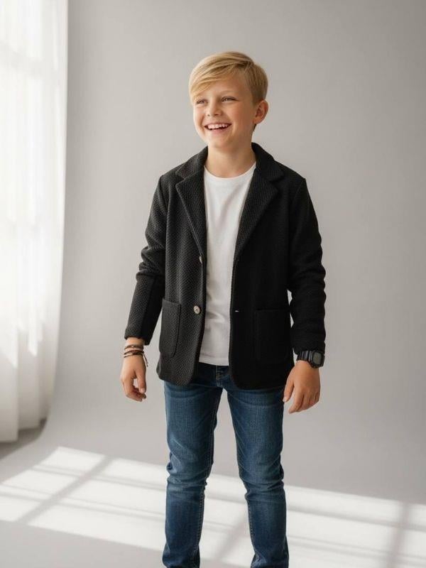 Erkek Çocuk Dokulu Örme Kumaş Cepli Mevsimlik Ceket