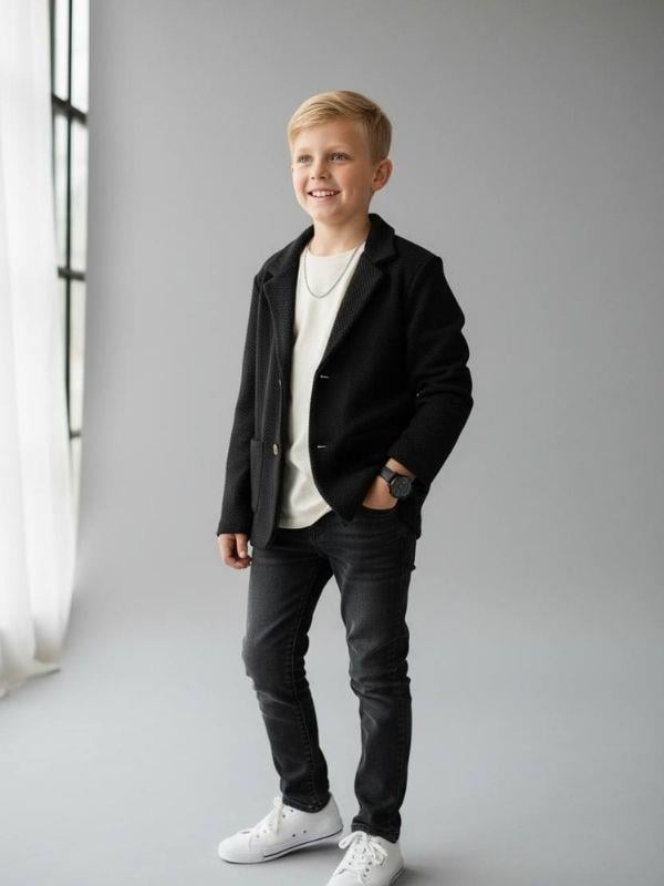 Erkek Çocuk Dokulu Örme Kumaş Cepli Mevsimlik Ceket