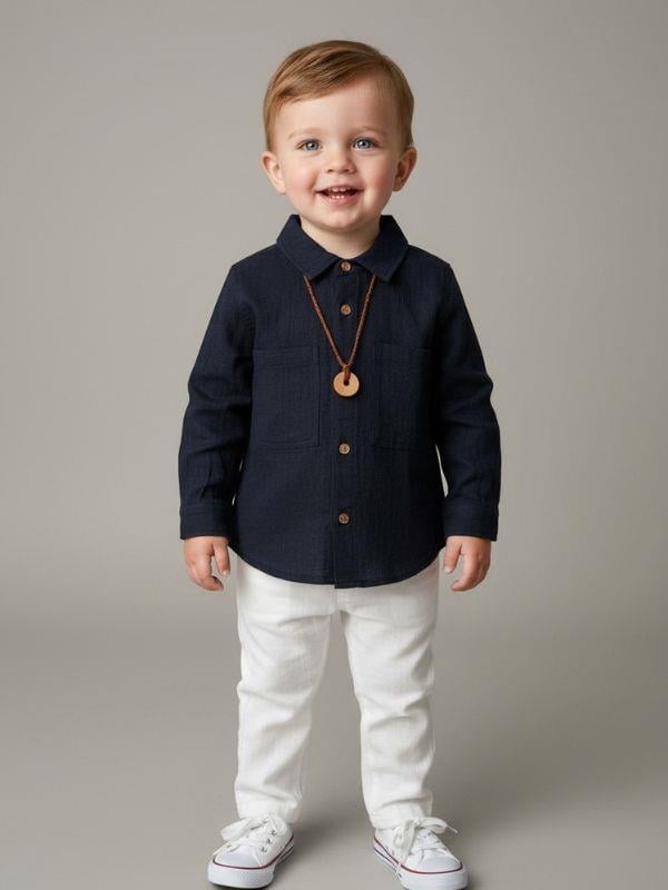 Erkek Çocuk Düğmeli Uzun Kollu Cepli Keten Gömlek