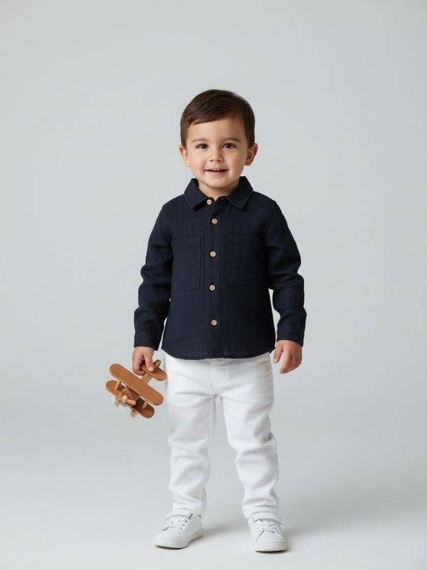Erkek Çocuk Düğmeli Uzun Kollu Cepli Keten Gömlek
