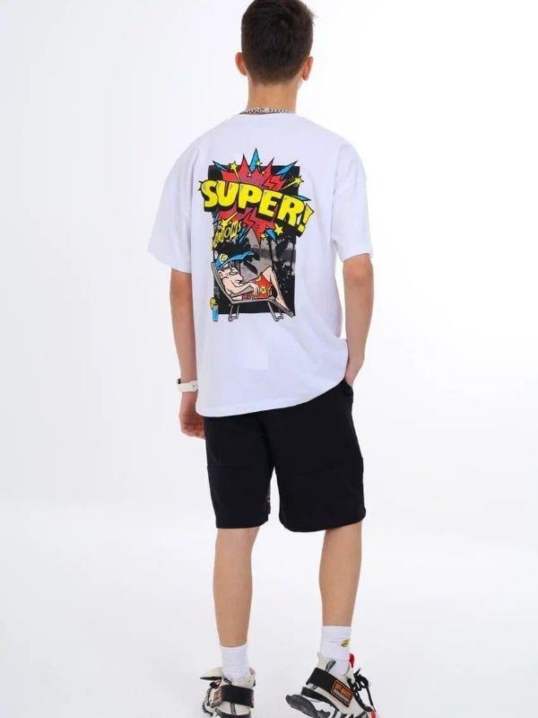Erkek Çocuk Geniş Kesim Sırtı Baskıllı Bisiklet Yaka T-shirt