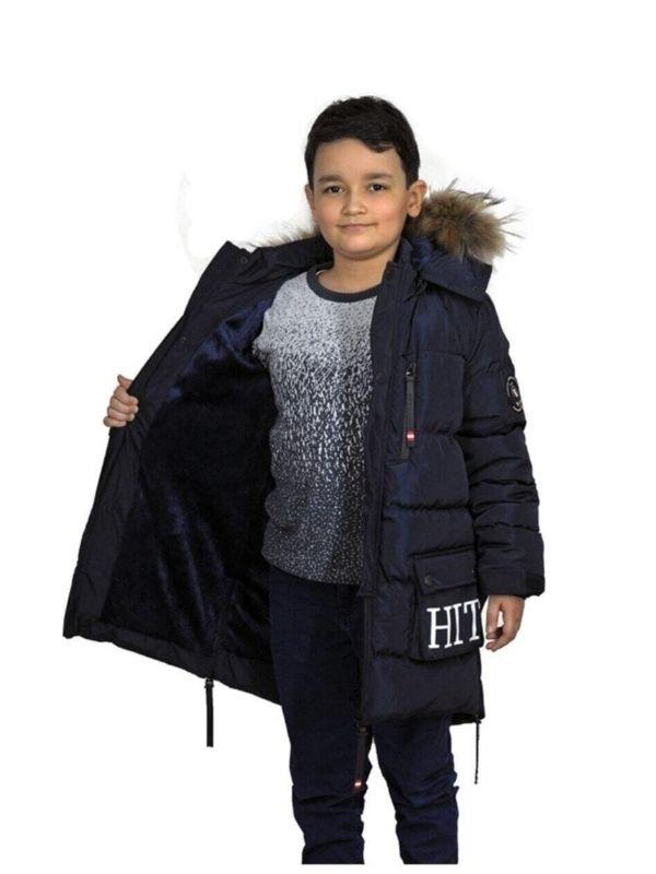 Erkek Çocuk İç Cepli Tüylü Kapüşonlu Çift Cepli Mont