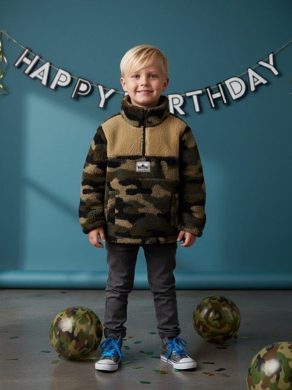 Erkek Çocuk Kamuflaj Desen Yarım Fermuarlı Polar Sweatshirt