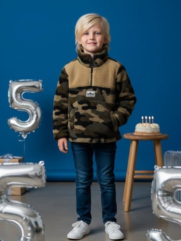 Erkek Çocuk Kamuflaj Desen Yarım Fermuarlı Polar Sweatshirt