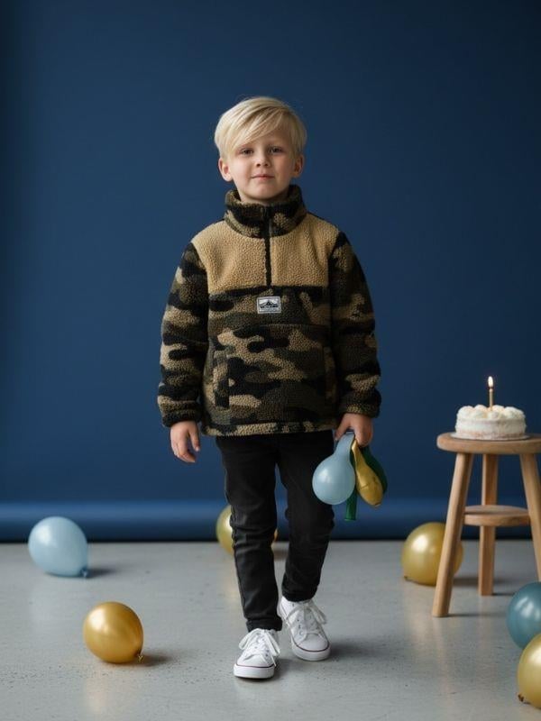 Erkek Çocuk Kamuflaj Desen Yarım Fermuarlı Polar Sweatshirt