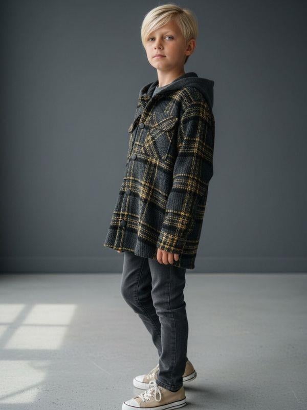 Erkek Çocuk Kapüşonlı Ekose Desenli Tasarım Ceket