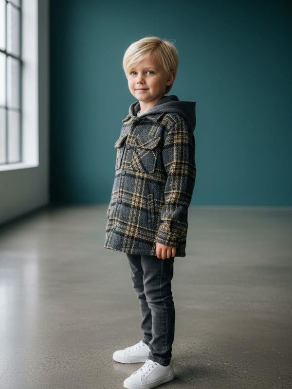 Erkek Çocuk Kapüşonlı Ekose Desenli Tasarım Ceket