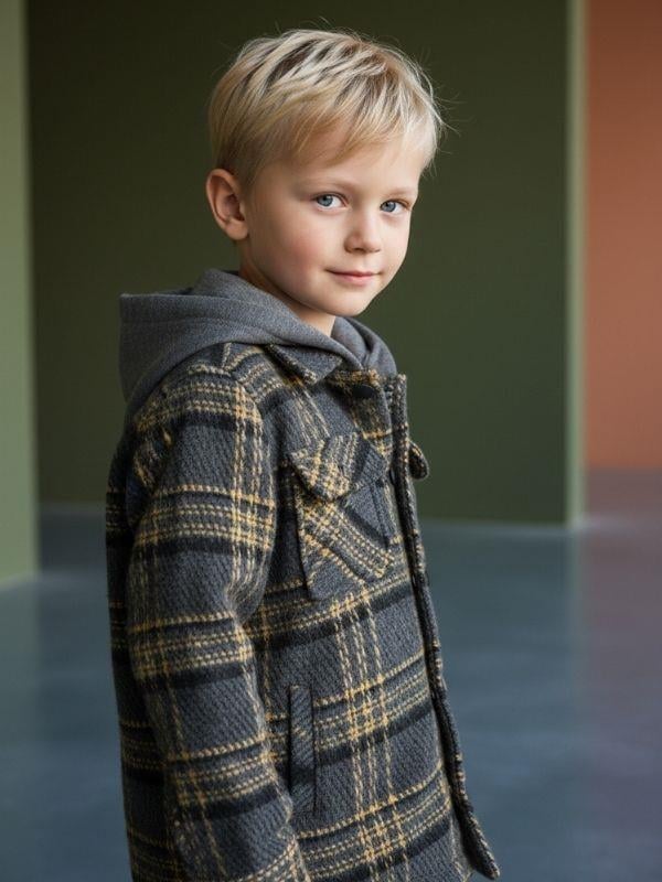 Erkek Çocuk Kapüşonlı Ekose Desenli Tasarım Ceket