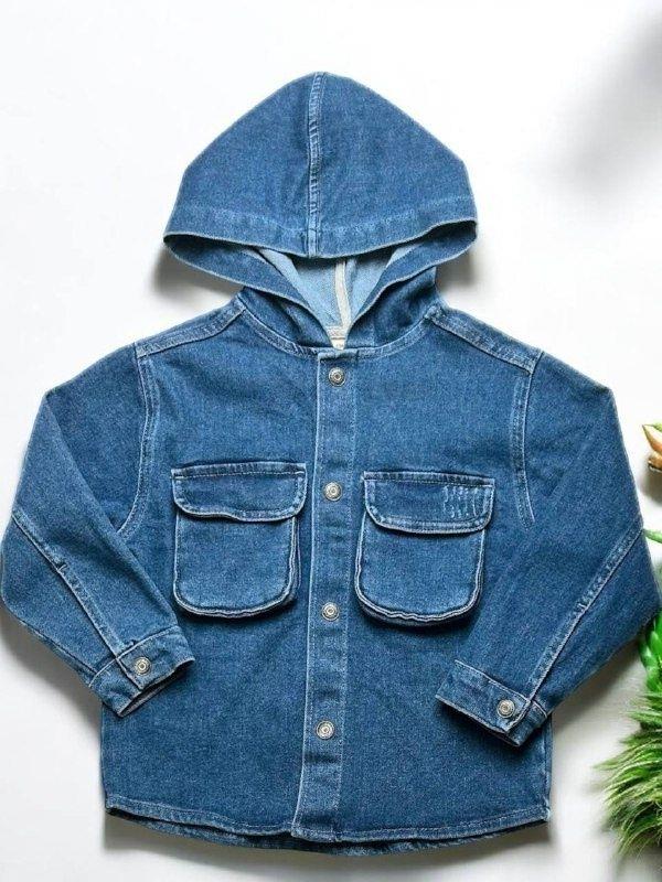 Erkek Çocuk Kapüşonlu Cep Detaylı Kot Gömlek