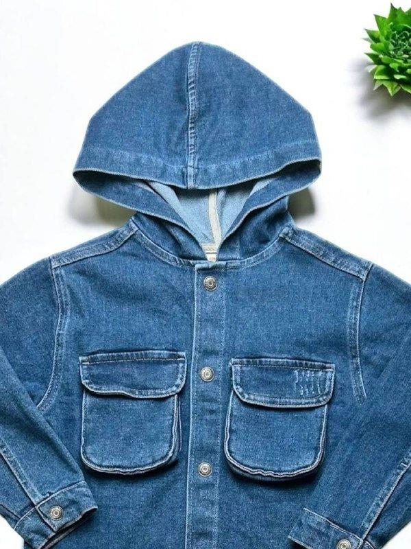 Erkek Çocuk Kapüşonlu Cep Detaylı Kot Gömlek