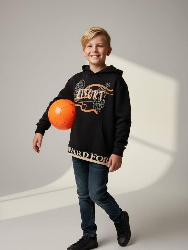 Erkek Çocuk Kapüşonlu Kanguru Cepli Effort Baskılı Sweatshirt