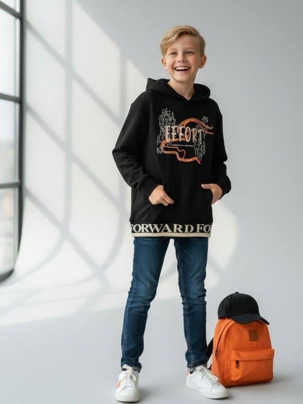 Erkek Çocuk Kapüşonlu Kanguru Cepli Effort Baskılı Sweatshirt