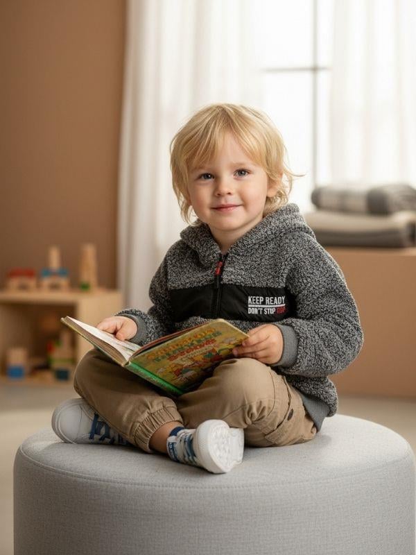 Erkek Çocuk Kapüşonlu Yarım Fermuarlı Tasarım Peluş Sweat