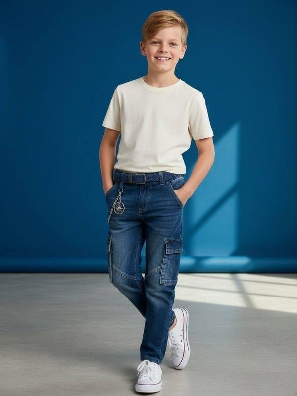 Erkek Çocuk Kargo Cepli Beli Lastikli Denim Pantolon