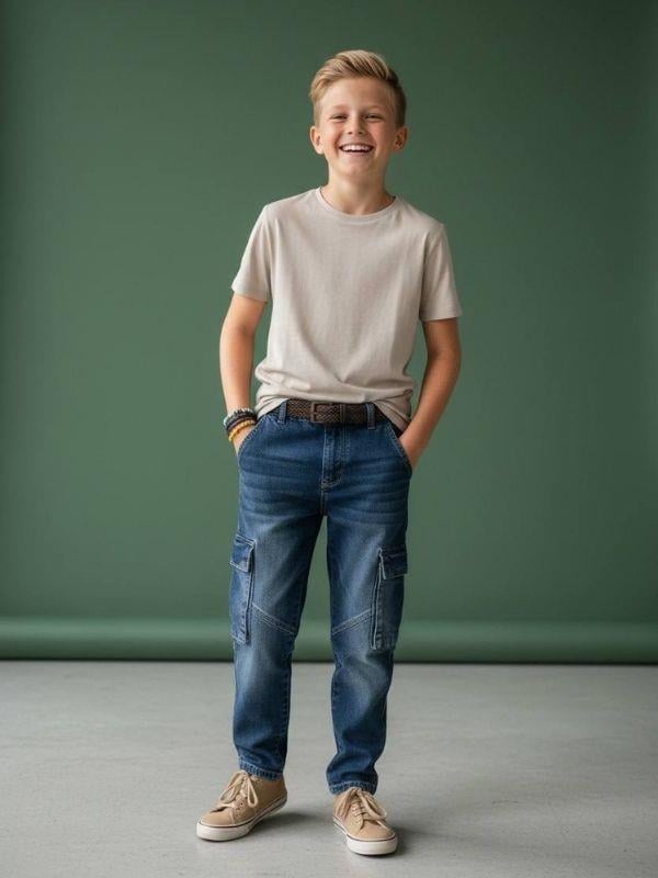 Erkek Çocuk Kargo Cepli Beli Lastikli Denim Pantolon