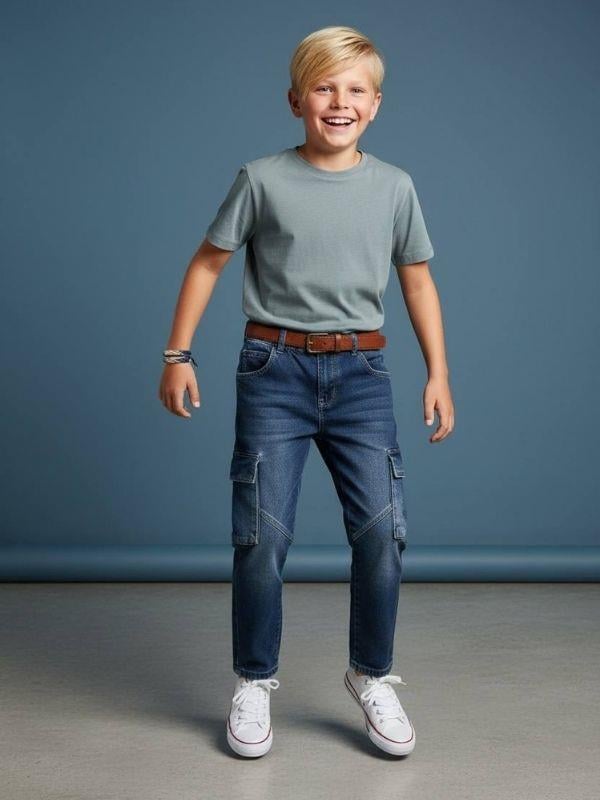 Erkek Çocuk Kargo Cepli Beli Lastikli Denim Pantolon