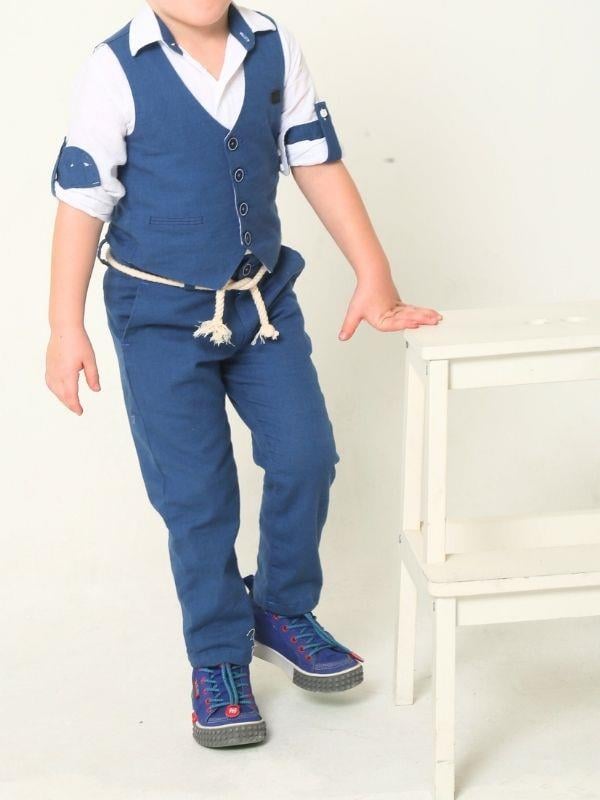 Erkek Çocuk Keten Yelek Gömlek Pantolon Papyonlu Takım