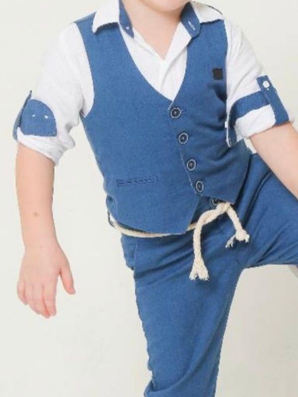 Erkek Çocuk Keten Yelek Gömlek Pantolon Papyonlu Takım