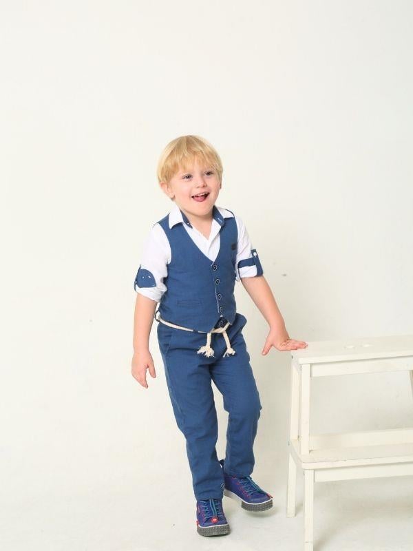 Erkek Çocuk Keten Yelek Gömlek Pantolon Papyonlu Takım