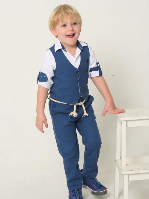 Erkek Çocuk Keten Yelek Gömlek Pantolon Papyonlu Takım