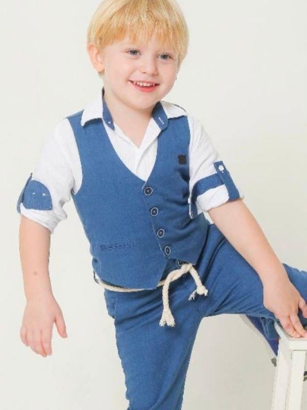 Erkek Çocuk Keten Yelek Gömlek Pantolon Papyonlu Takım