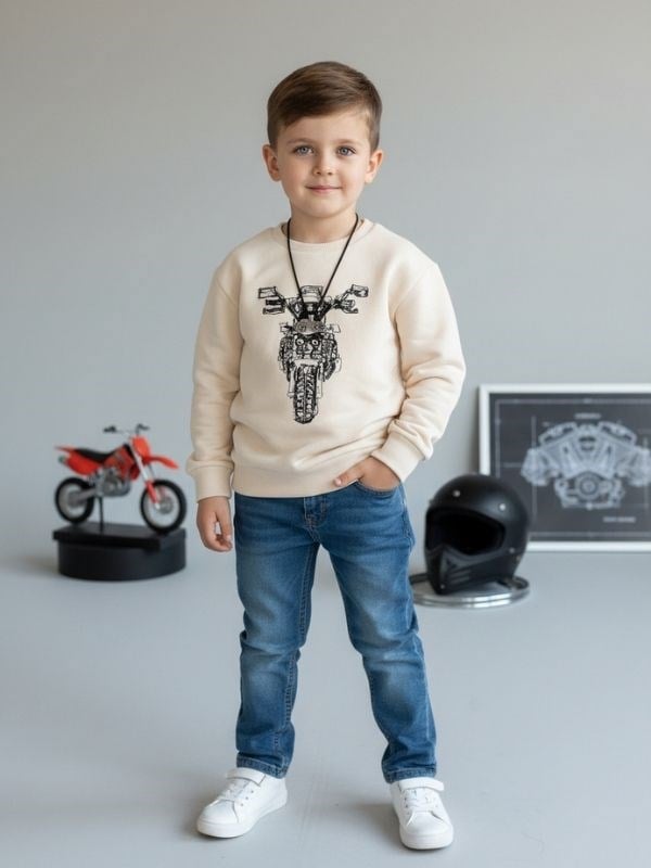 Erkek Çocuk Motosiklet Baskılı Sweatshirt