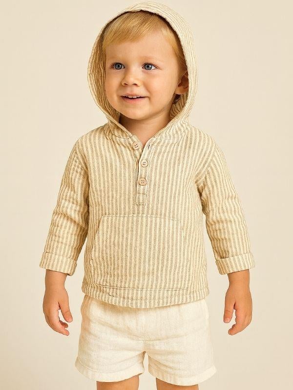 Erkek Çocuk Müslin Kapüşonlu Çizgili Kanguru Cepli Gömlek
