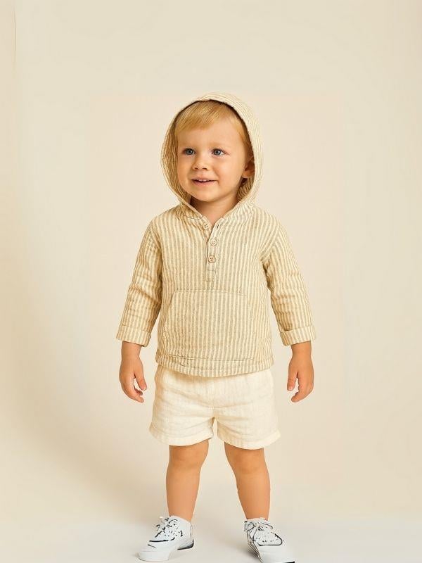 Erkek Çocuk Müslin Kapüşonlu Çizgili Kanguru Cepli Gömlek
