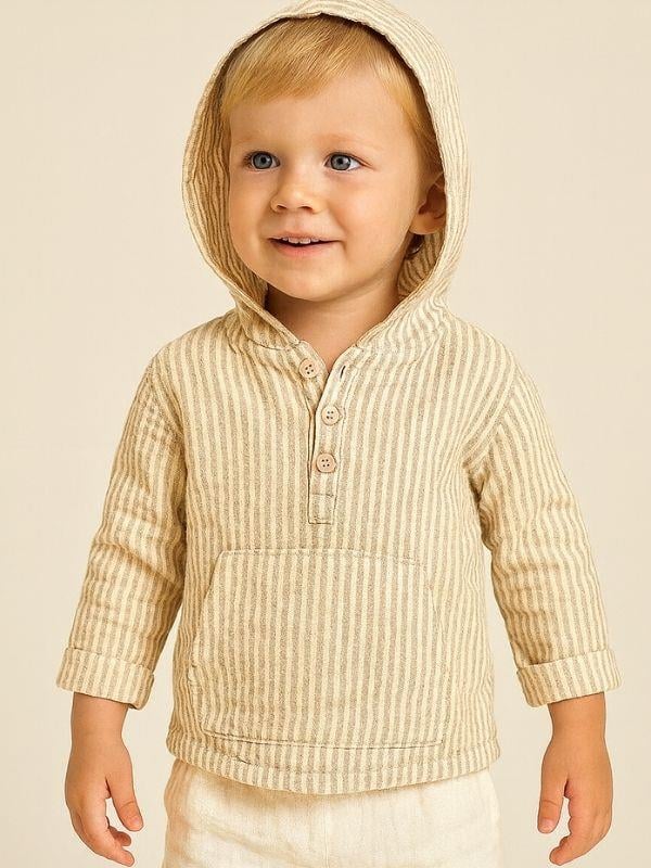 Erkek Çocuk Müslin Kapüşonlu Çizgili Kanguru Cepli Gömlek