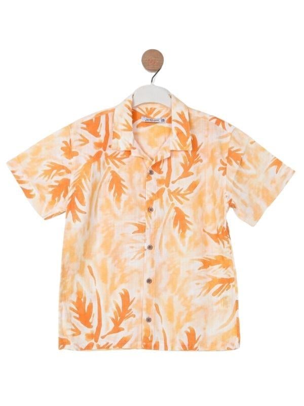 Erkek Çocuk Pamukll Turuncu Yaprak Desenli Kısa Kol Gömlek