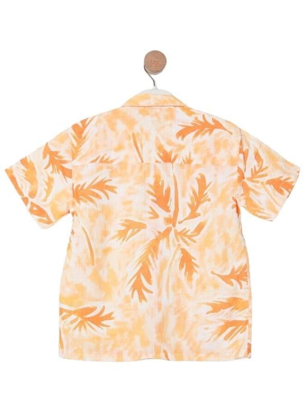 Erkek Çocuk Pamukll Turuncu Yaprak Desenli Kısa Kol Gömlek