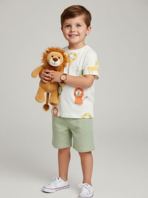Erkek Çocuk Pamuklu Aslan Baskılı Şortlu Takım