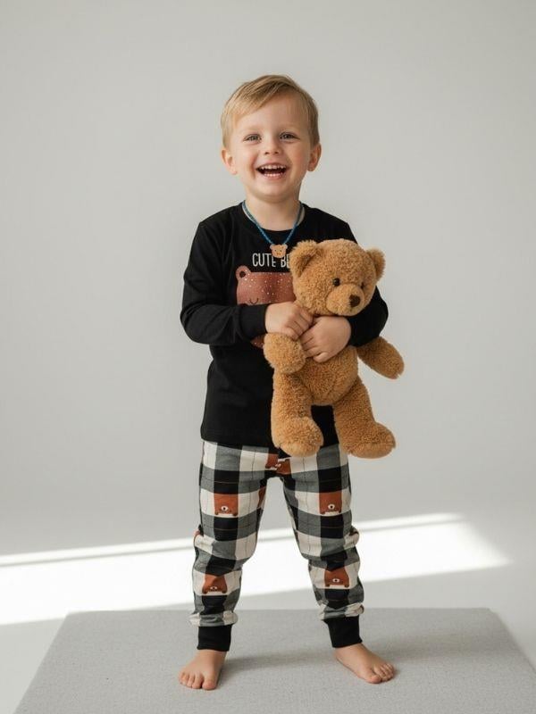 Erkek Çocuk Pamuklu Ayıcık Baskılı Ekose Desen Uzun Kollu Pijama Takımı