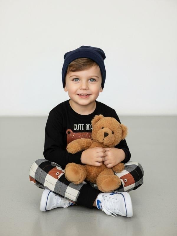 Erkek Çocuk Pamuklu Ayıcık Baskılı Ekose Desen Uzun Kollu Pijama Takımı