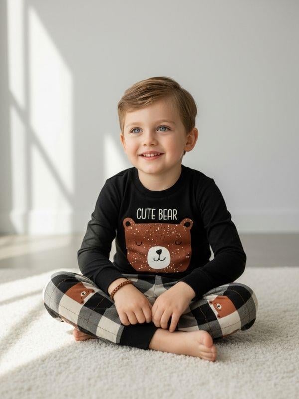 Erkek Çocuk Pamuklu Ayıcık Baskılı Ekose Desen Uzun Kollu Pijama Takımı