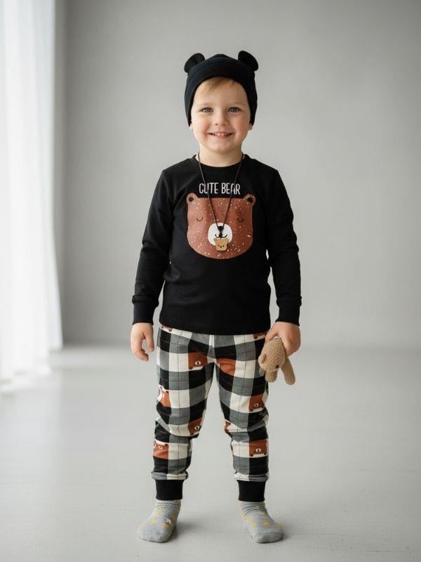 Erkek Çocuk Pamuklu Ayıcık Baskılı Ekose Desen Uzun Kollu Pijama Takımı