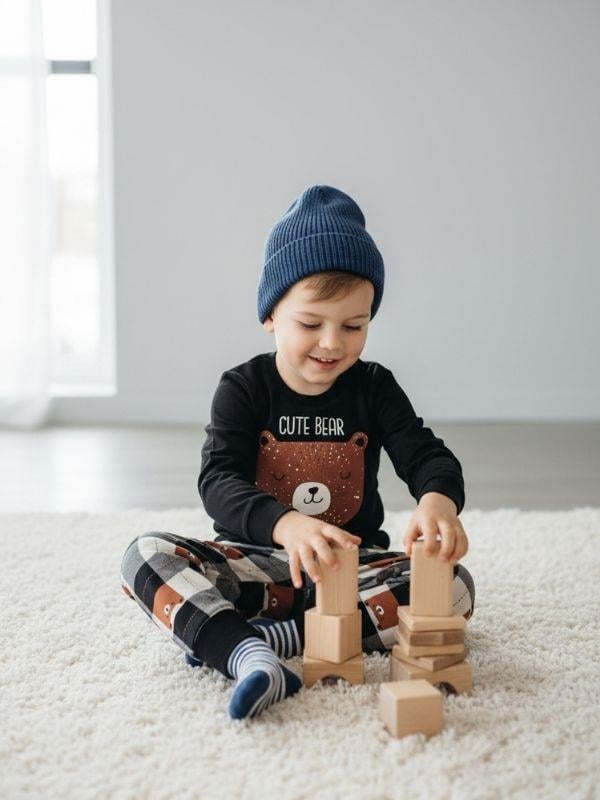 Erkek Çocuk Pamuklu Ayıcık Baskılı Ekose Desen Uzun Kollu Pijama Takımı