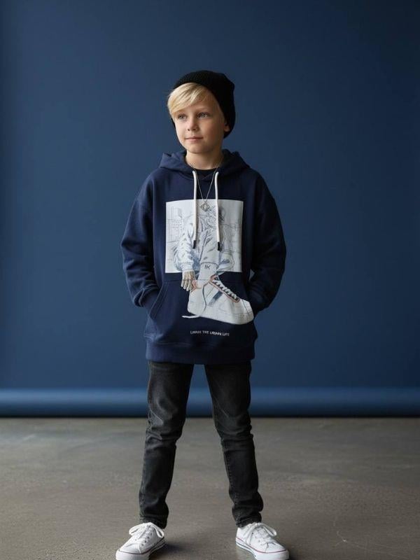 Erkek Çocuk Pamuklu Baskılı Kapüşonlu Sweatshirt