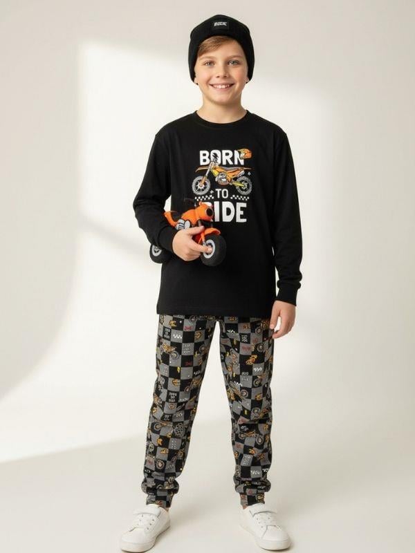 Erkek Çocuk Pamuklu Born To Ride Baskılı Pijama Takımı