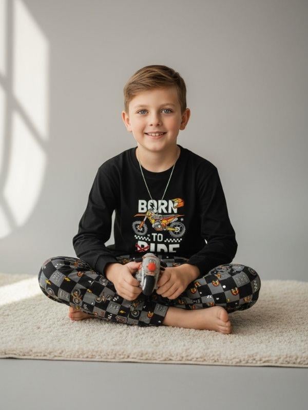 Erkek Çocuk Pamuklu Born To Ride Baskılı Pijama Takımı