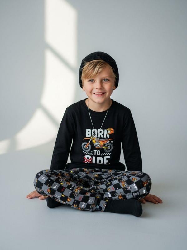 Erkek Çocuk Pamuklu Born To Ride Baskılı Pijama Takımı