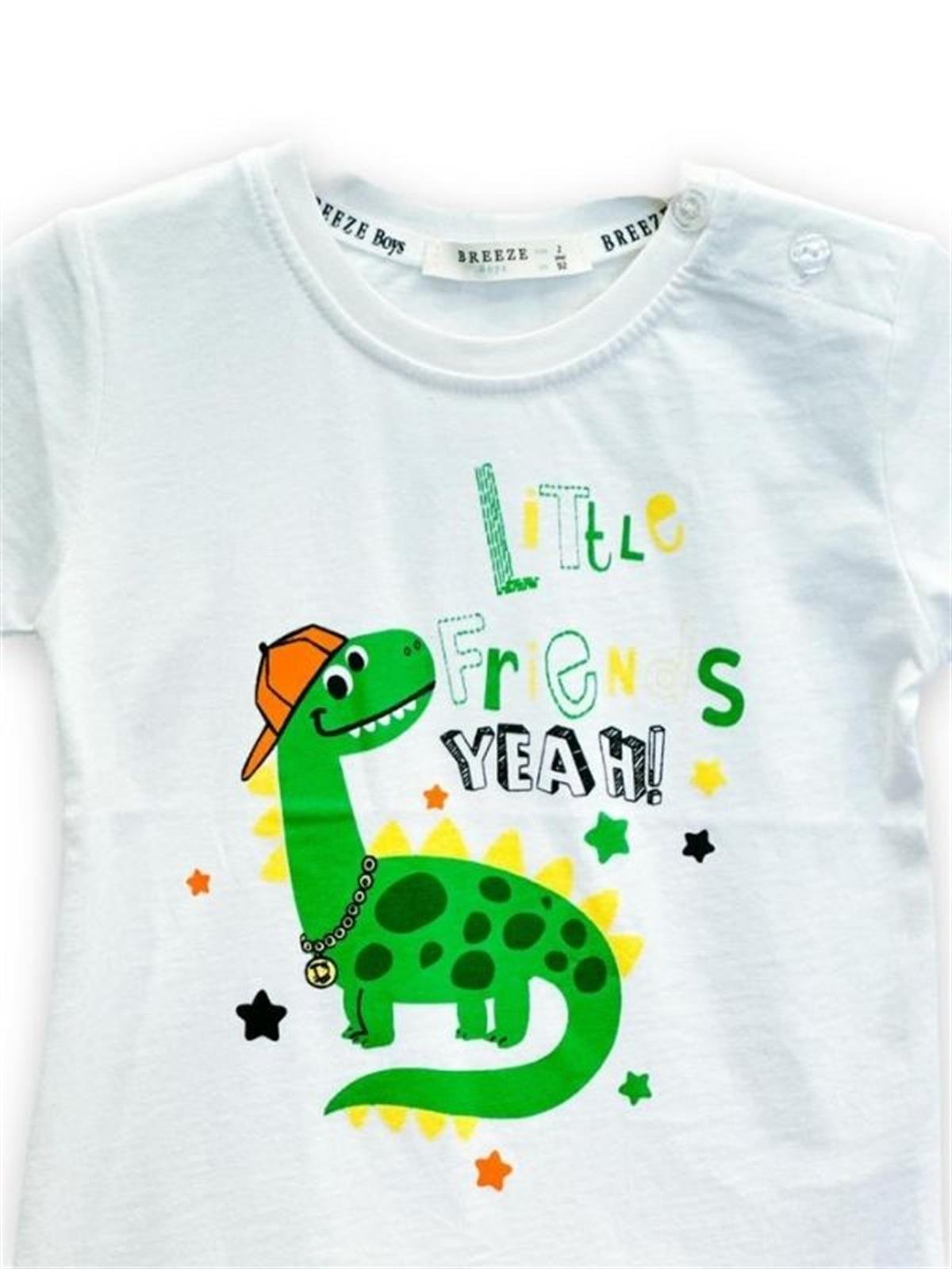 Erkek Çocuk Pamuklu Dinazor Baskılı Omuzdan Düğmeli Tshirt