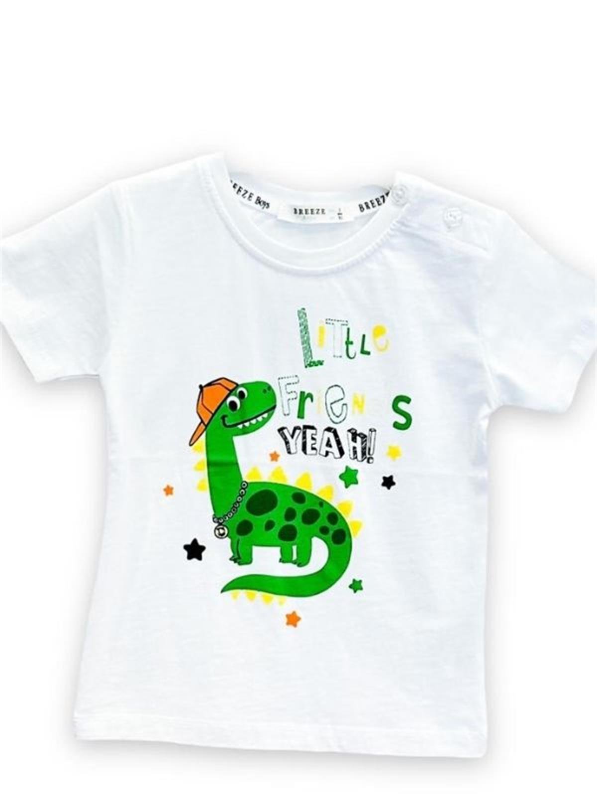 Erkek Çocuk Pamuklu Dinazor Baskılı Omuzdan Düğmeli Tshirt